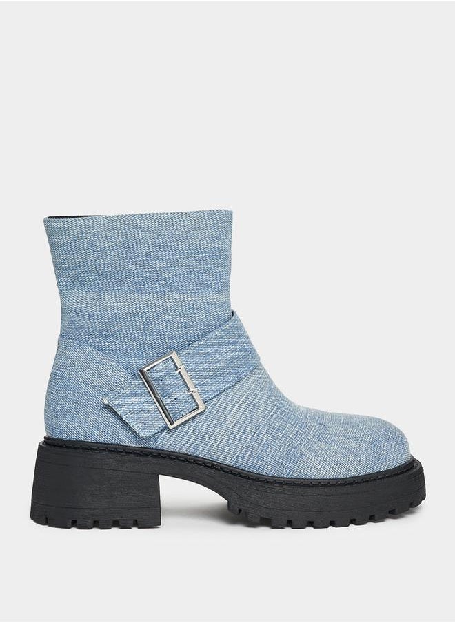 RAID Denim Look Buckle Detail Biker Ankle Boots by Styli  - Image 1