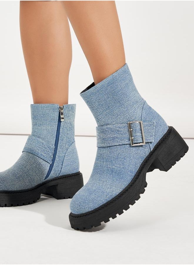 RAID Denim Look Buckle Detail Biker Ankle Boots by Styli  - Image 2