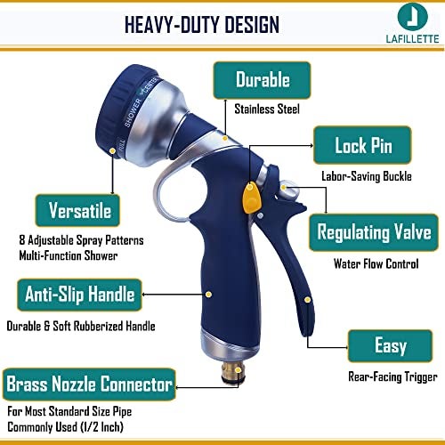 LAFILLETTE Multifunctional High Pressure Foam Water Spray Gun - Garden Hose Nozzle Hand Sprayer, 8 Pattern Metal Watering Nozzle for Car Washing, Garden Watering, Home Cleaning, Pets Washing - Image 3