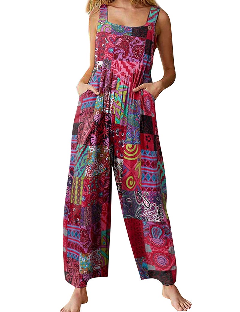 Himosyber Women's Patchwork Dual Pocket Jumpsuit Loose Floral Print Bohemian Wide Leg Bib Overall (#1Red, M) - Image 1