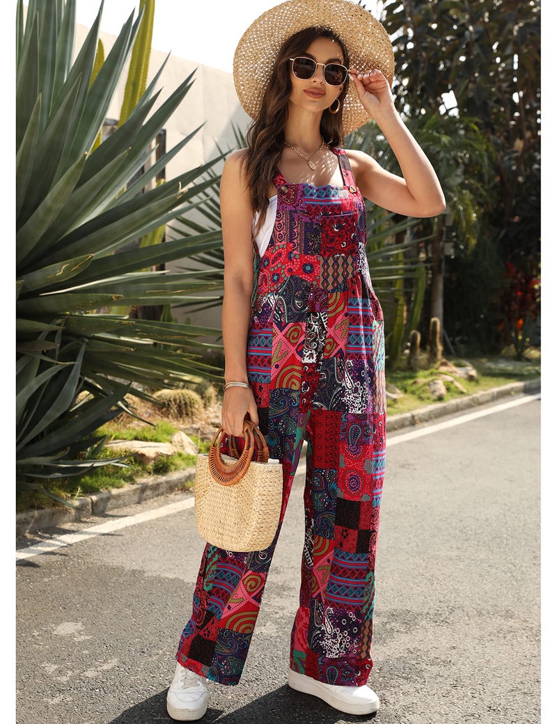 Himosyber Women's Patchwork Dual Pocket Jumpsuit Loose Floral Print Bohemian Wide Leg Bib Overall (#1Red, M) - Image 4