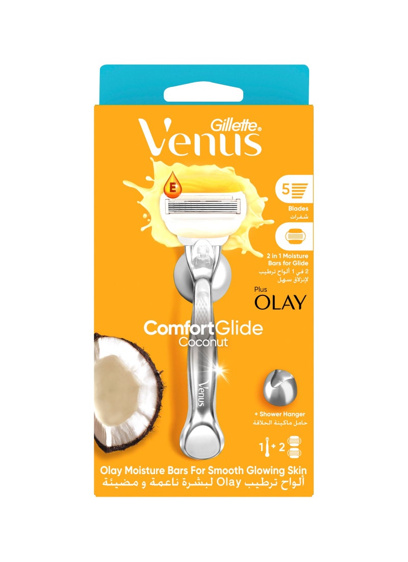 Venus شفرة حلاقة نسائية من Comfortglide برائحة جوز الهند مع مقبض Olay و 2 شفرات احتياطية - Image 1