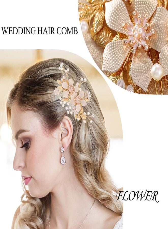 فويت مشط شعر فويت للعرائس، لون ذهبي وردي، قطعة رأس زفاف مزينة بالزهور، مشط جانبي للشعر مرصع بالكريستال، إكسسوارات شعر للنساء والعرائس - Image 4