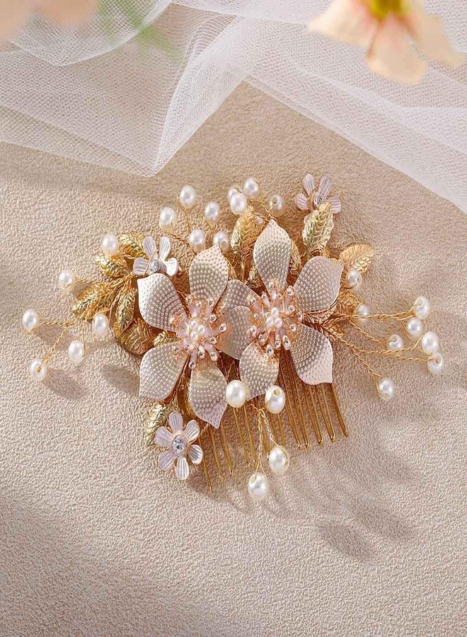 فويت مشط شعر فويت للعرائس، لون ذهبي وردي، قطعة رأس زفاف مزينة بالزهور، مشط جانبي للشعر مرصع بالكريستال، إكسسوارات شعر للنساء والعرائس - Image 3