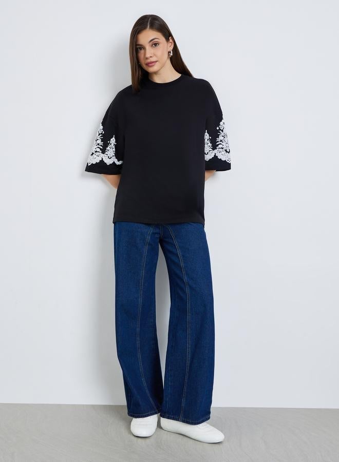 Styli Women Black Embroidered Sleeve Oversized T-Shirt - Image 2