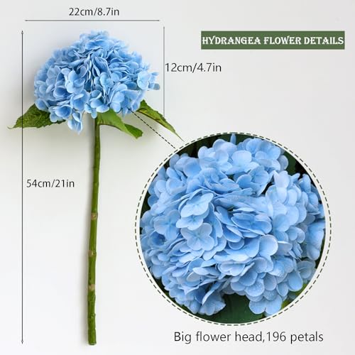 Buart 4PCS Long Stem Big Size Blue Flowers Artificial Silk Hydrangea Lifelike Flowers Real Touch Blue Artificial Flowers Wedding Shower Bride Bouquets Office Living Room Table Decorations 21 Inch - Image 3