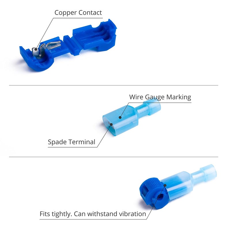 Wirefy 120 PCS Blue T Tap Wire Connectors - Quick Splice Electrical Wire Tap Connectors and Insulated Male Quick Disconnect Terminals - 18-14 AWG - Image 2