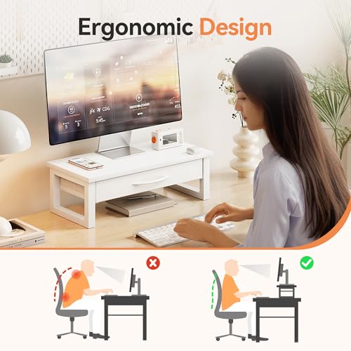 HEWORLIF Desk Organizers and Accessories, Computer Monitor Stand Riser with Drawer, White Laptop Stand for Desk with Storage, Office Organization, Wood - Image 2