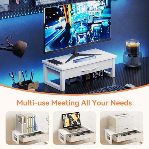 HEWORLIF Desk Organizers and Accessories, Computer Monitor Stand Riser with Drawer, White Laptop Stand for Desk with Storage, Office Organization, Wood - Image 5