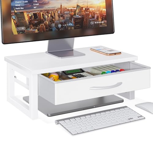 HEWORLIF Desk Organizers and Accessories, Computer Monitor Stand Riser with Drawer, White Laptop Stand for Desk with Storage, Office Organization, Wood - Image 1
