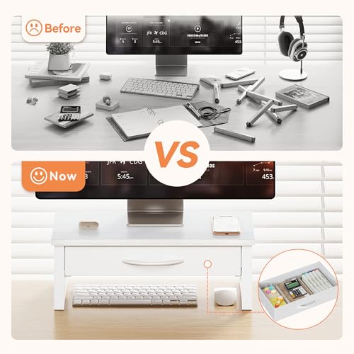 HEWORLIF Desk Organizers and Accessories, Computer Monitor Stand Riser with Drawer, White Laptop Stand for Desk with Storage, Office Organization, Wood - Image 3