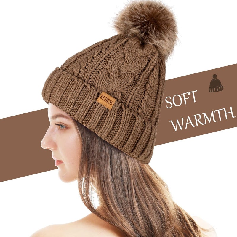 REDESS Women Winter Pompom Beanie Hat with Warm Fleece Lined, Thick Slouchy Snow Knit Skull Ski Cap - Image 2