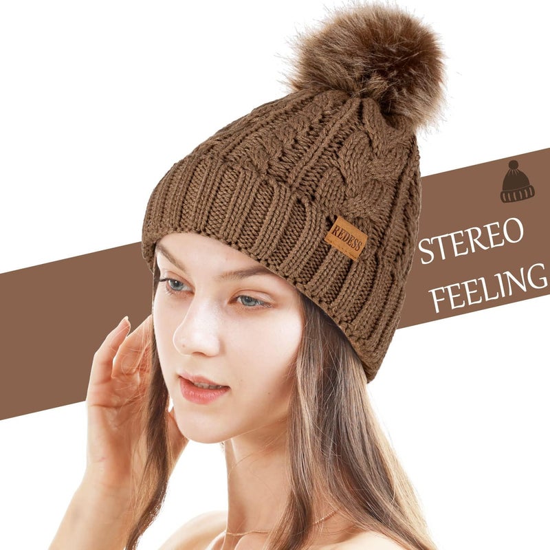 REDESS Women Winter Pompom Beanie Hat with Warm Fleece Lined, Thick Slouchy Snow Knit Skull Ski Cap - Image 1