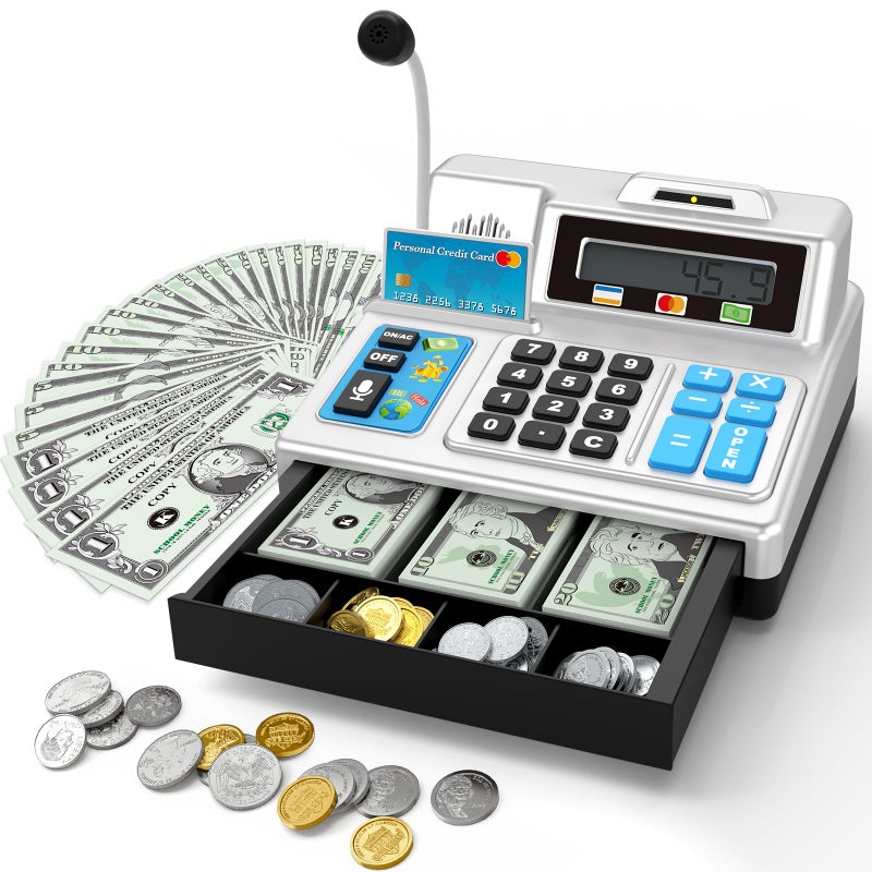 BAODLON Calculator Cash Register 103 Pcs Toy Cash Register Store Set with Microphone Credit Card and Banking for Kids Toddler Math Learning Toys Preschool Gifts for 3 4 5 6 7 8 Years Old Boy Girl - Image 2