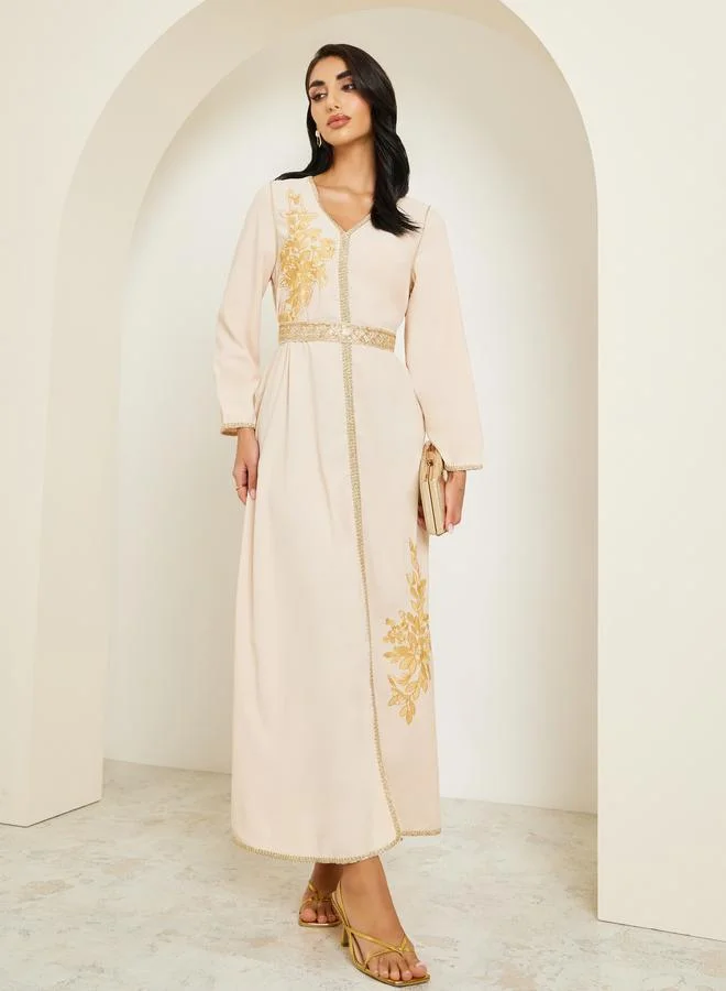 Amirah Women Beige Golden Embroidered Kaftan
