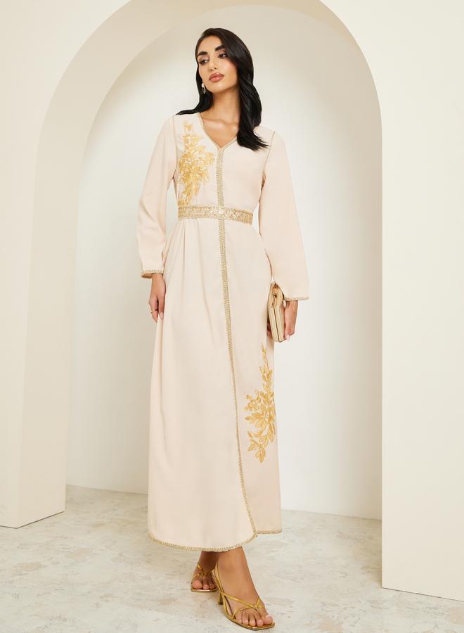 Amirah Women Beige Golden Embroidered Kaftan - Image 1