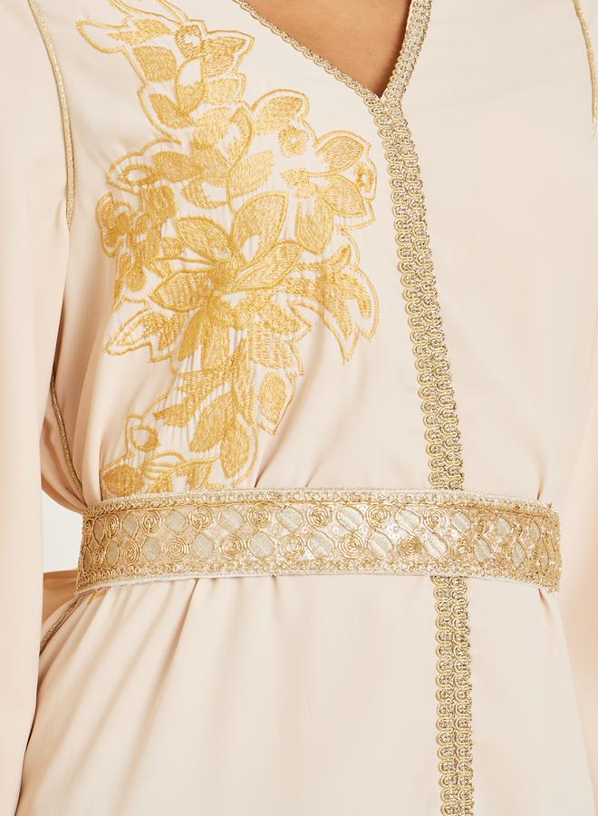Amirah Women Beige Golden Embroidered Kaftan - Image 3