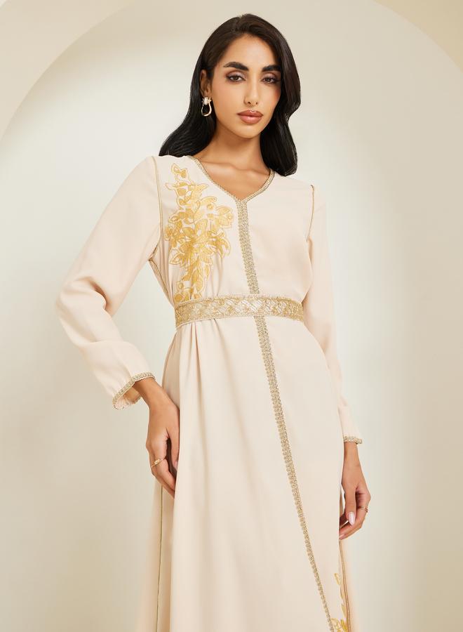 Amirah Women Beige Golden Embroidered Kaftan - Image 2