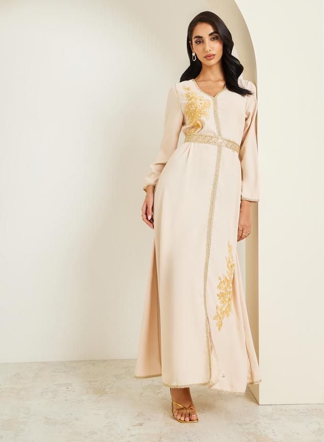 Amirah Women Beige Golden Embroidered Kaftan - Image 5