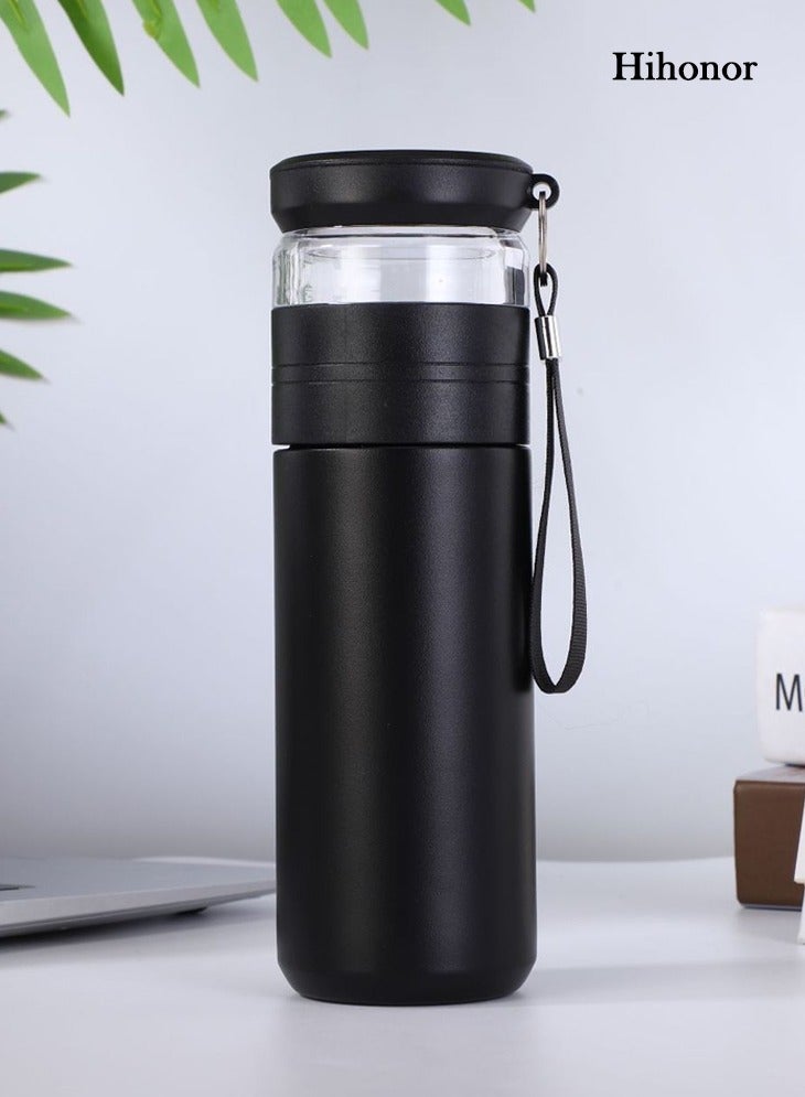 Arabest Water Bottle, 500 ml Vacuum Insulated, Stainless Steel Thermos Flask, Tea Infuser, Leakproof Lid, Double Wall, Carry Strap, for Tea Coffee, Travel Office School, Black - Image 1
