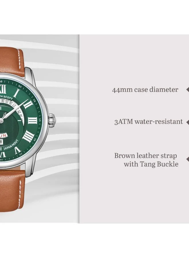 Kenneth Scott Green Men's Leather  Analog Watch K24020-SLEH - 44 mm for Men | Best Price UAE