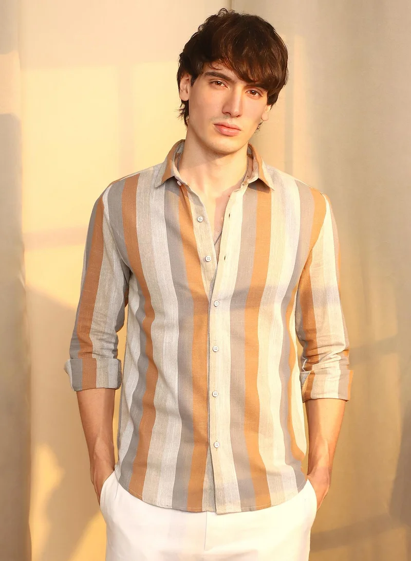 Campus Sutra Men's Copper Brown & Peanut Brown Block-Striped Shirt