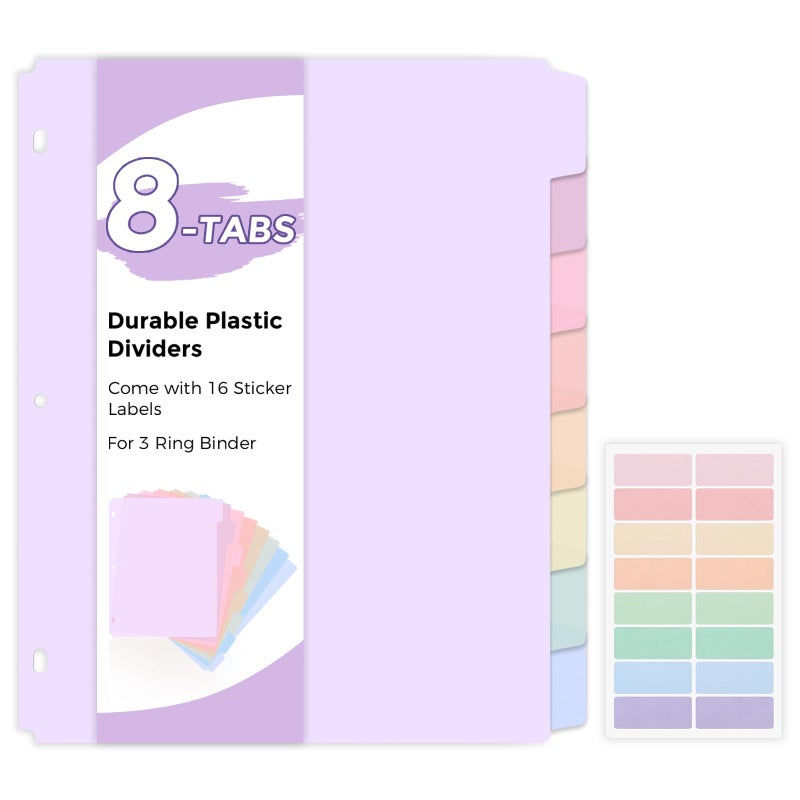 SKYDUE Durable Plastic 8-Tab Dividers, Big Tab Dividers for 3 Ring Binder, Write & Erase 3 Ring Binder Dividers with Tabs, with Sticker Labels, 1 Set, Pastel Color (Purple) - Image 1