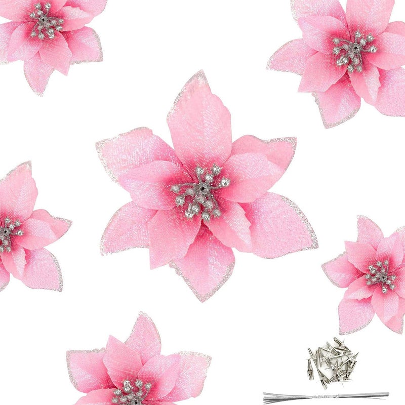 Gardeningwill 12 قطعة زهور بونستيا الصناعية اللامعة 5 بوصة مع روابط لتزيين حفلات الزفاف وعيد الميلاد والمهرجانات والديكور العطلي إكليل الزهور الزخرفي الوردي - Image 1