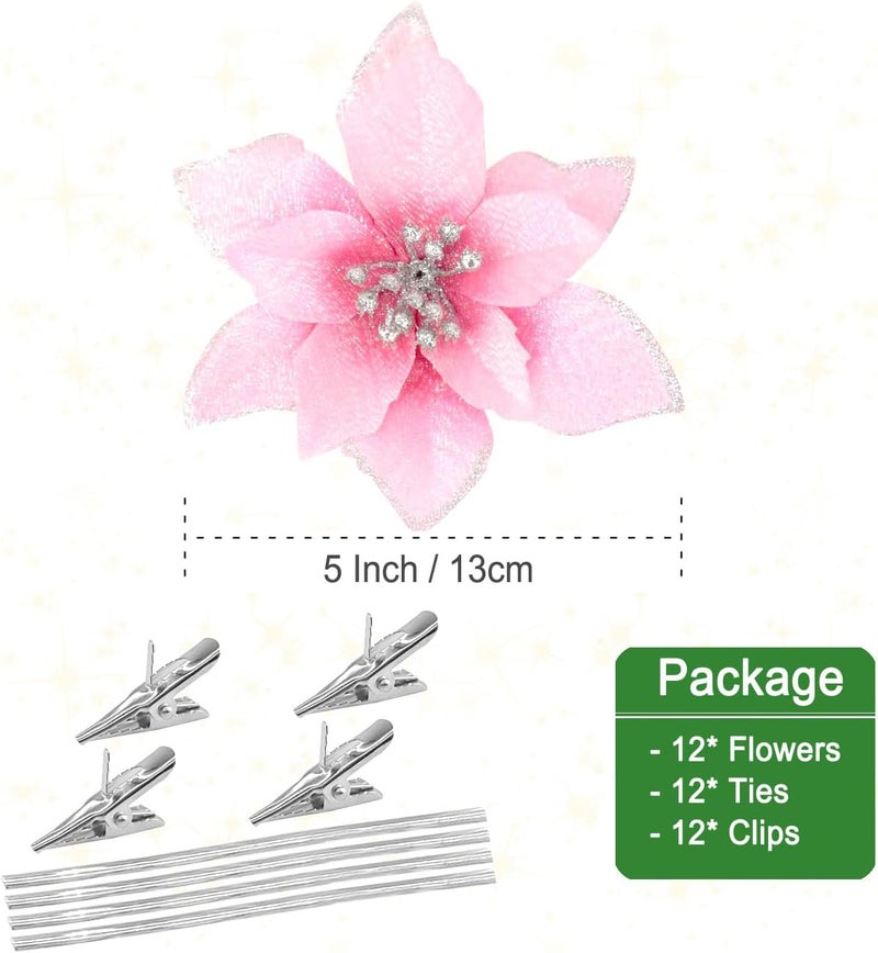 Gardeningwill 12 قطعة زهور بونستيا الصناعية اللامعة 5 بوصة مع روابط لتزيين حفلات الزفاف وعيد الميلاد والمهرجانات والديكور العطلي إكليل الزهور الزخرفي الوردي - Image 3