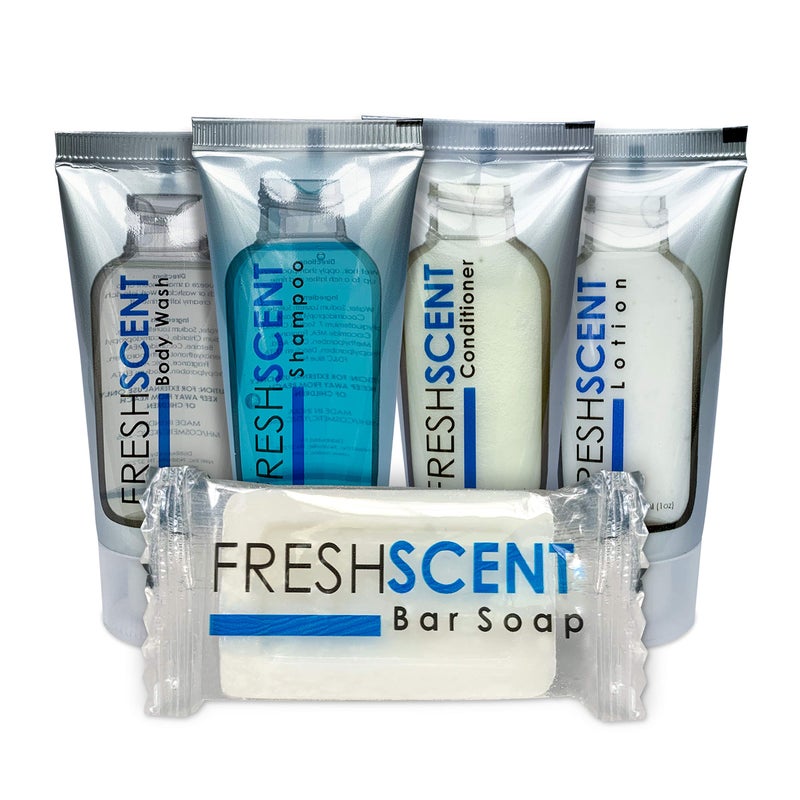 Freshscent Hotel Collection 250 Piece Set Travel Size Amenities Bulk Toiletries Kit of 50 Each 1oz tubes Shampoo Conditioner Body Wash and Lotion 50 Bars 1oz Soap