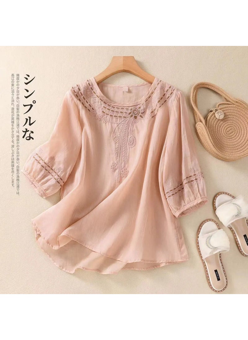 Generic - 2024 Summer Artistic Cotton Linen Embroidered Loose Blouse J#C29 Black - Image 1