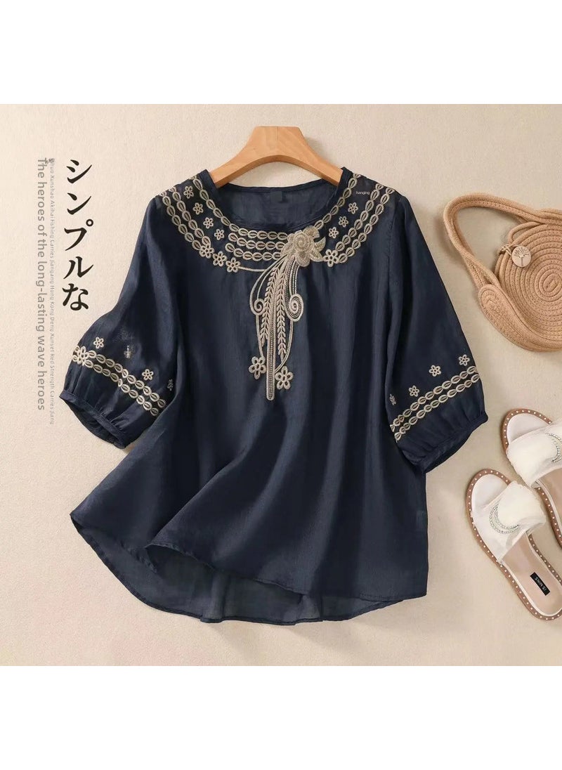 Generic - 2024 Summer Artistic Cotton Linen Embroidered Loose Blouse J#C29 Black - Image 1