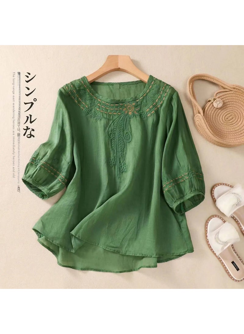 Generic - 2024 Summer Artistic Cotton Linen Embroidered Loose Blouse J#C29 Black - Image 1
