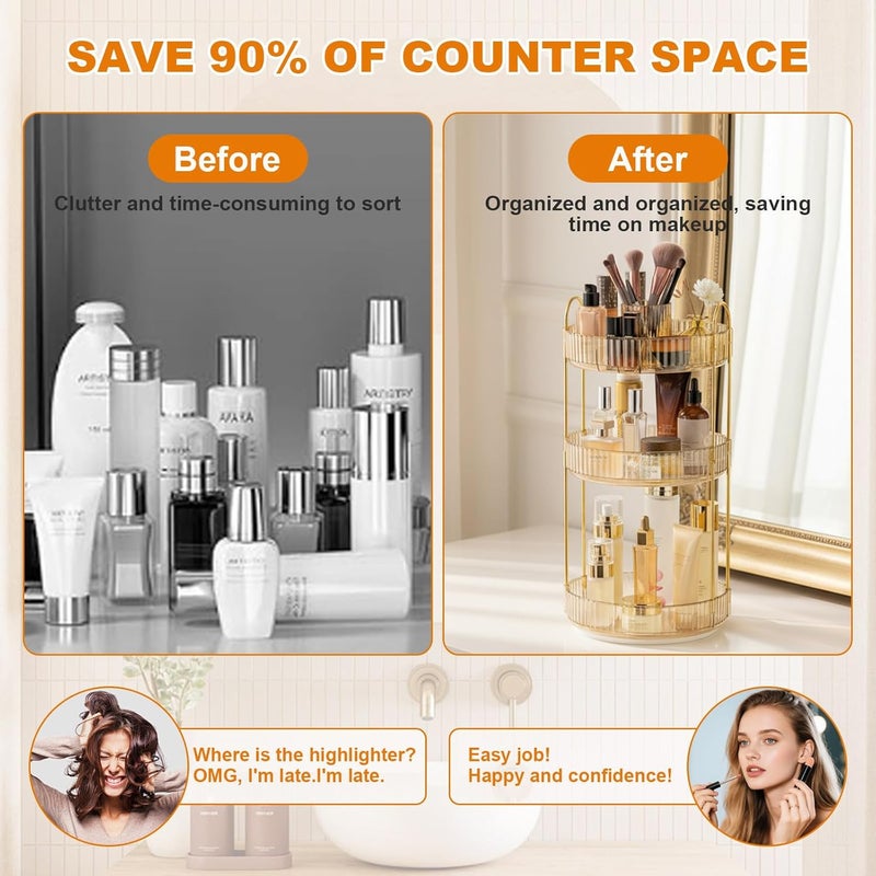 SHANNA Make Up Cosmetic Organiser: 3-Tier 360° Rotating Cosmetic Perfume Stand, Toiletries Cosmetic Organiser, Beauty Skincare Organiser, for Dressing Table, Bathroom (Amber Gold) - Image 2
