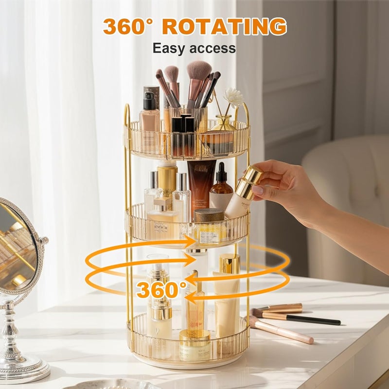 SHANNA Make Up Cosmetic Organiser: 3-Tier 360° Rotating Cosmetic Perfume Stand, Toiletries Cosmetic Organiser, Beauty Skincare Organiser, for Dressing Table, Bathroom (Amber Gold) - Image 4