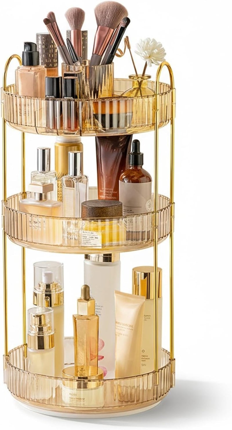 SHANNA Make Up Cosmetic Organiser: 3-Tier 360° Rotating Cosmetic Perfume Stand, Toiletries Cosmetic Organiser, Beauty Skincare Organiser, for Dressing Table, Bathroom (Amber Gold) - Image 1