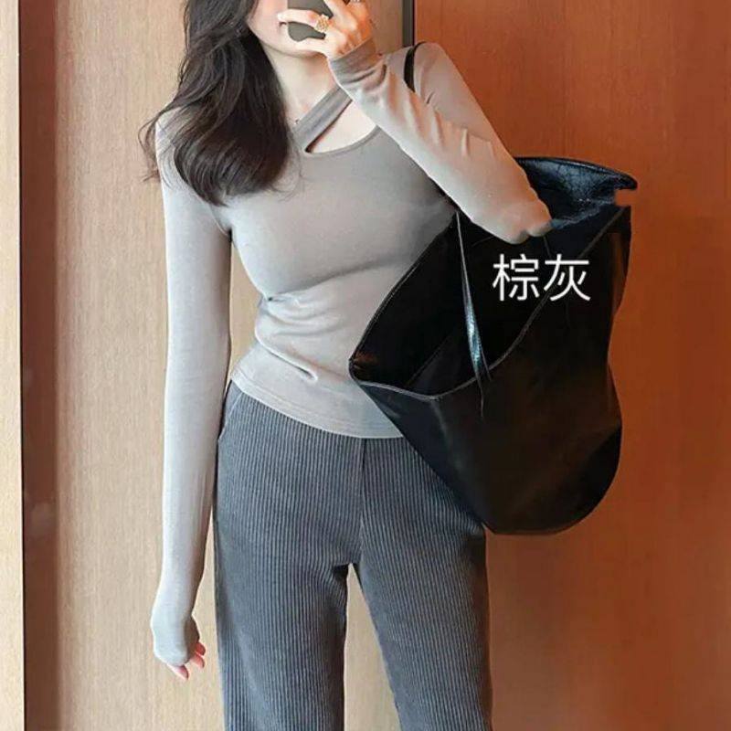 Pure desire hot girl solid color tight long-sleeved undershirt womens spring and autumn niche design sense all-match outer wear top women Zong gray DD8910