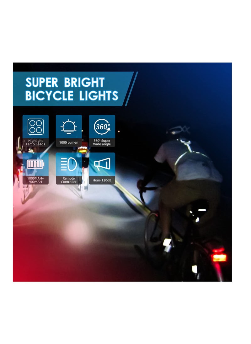 Anmi - Bike Lights Set, USB Rechargeable Bicycle Light Front, Back, 1000 Lumen Bicycle Headlight and Rear Taillight with Turn Signal & Horn, Waterproof and 5,6 Lighting Modes for Night Cycling Road Mountain - Image 1