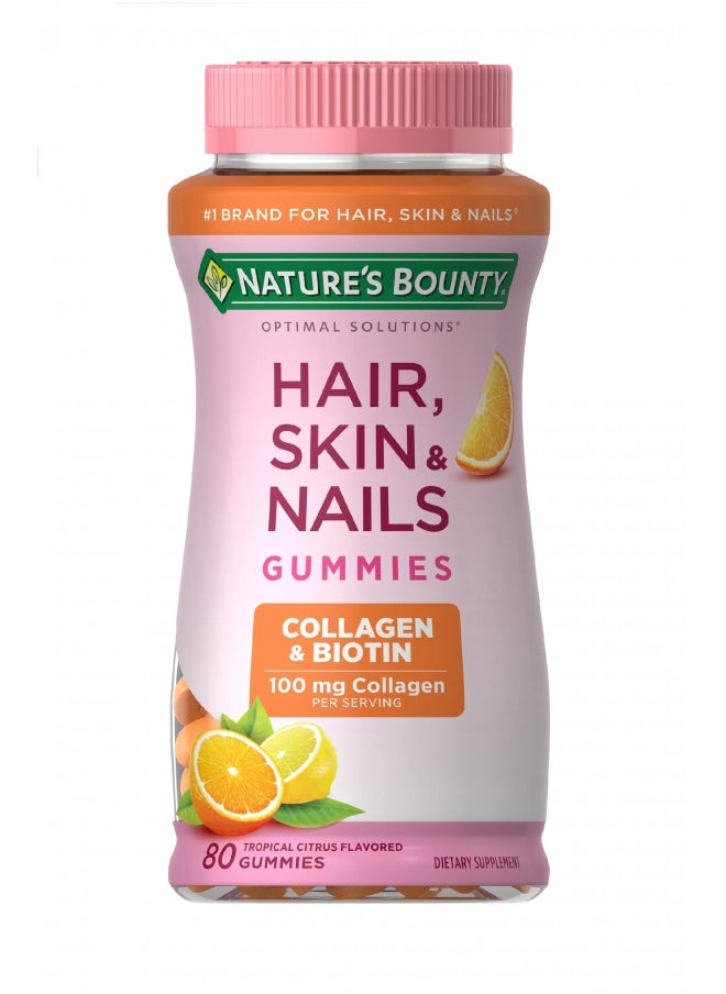 NATURE'S BOUNTY - Nature's Bounty Hair, Skin & Nails with Biotin and Collagen, Citrus-Flavored Gummies Vitamin Supplement, Supports Hair, Skin, and Nail Health for Women, 2500 mcg, 80 Count - Image 1