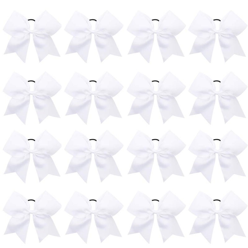 16PCS 8 Large Cheer Hair Bows Ponytail Holder Elastic Band Handmade for Cheerleading Teen Girls College Sports White 1 Count Pack of 16