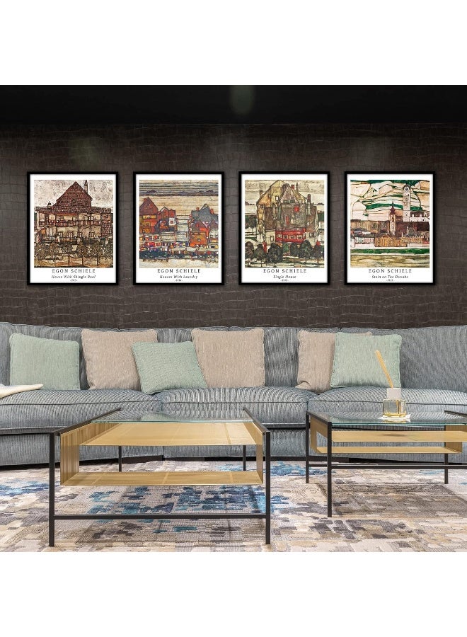 Home Trove Berkin Arts Wall Art Unframed Prints Giclee Art Paper Set of 4, 11x14 inch Landscape Artwork, Bedroom Decoration Brown Abstract Antique Illustrations Geometric House Egon Schiele Paintings - Image 4