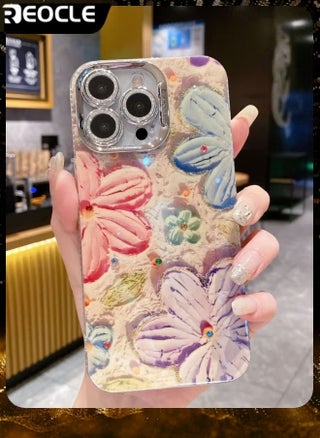 Phone Case for iPhone 13 14 Colorful Retro Oil Painting Printed Flower Laser Beam Glossy Pattern Cute Curly Waves Border Exquisite Phone Cover Stylish Durable Protective Case for Girls - pzsku/Z5E7095655FF2F6ECEE30Z/45/1750931899/6d5a654d-babe-44ba-bf22-78a0abcbf595
