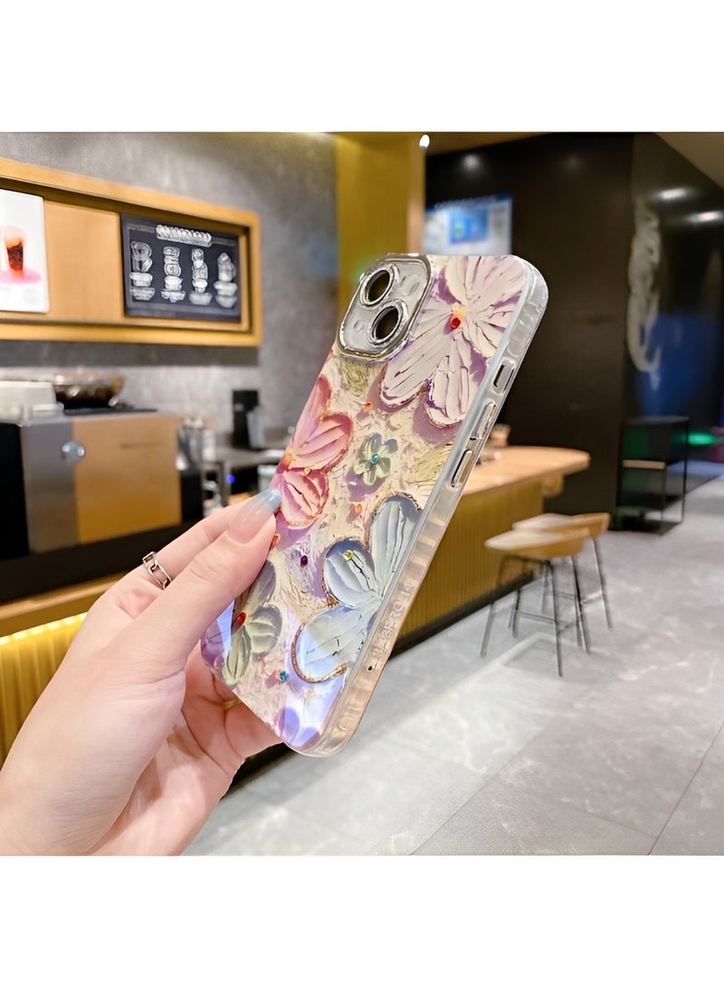 Phone Case for iPhone 13 14 Colorful Retro Oil Painting Printed Flower Laser Beam Glossy Pattern Cute Curly Waves Border Exquisite Phone Cover Stylish Durable Protective Case for Girls