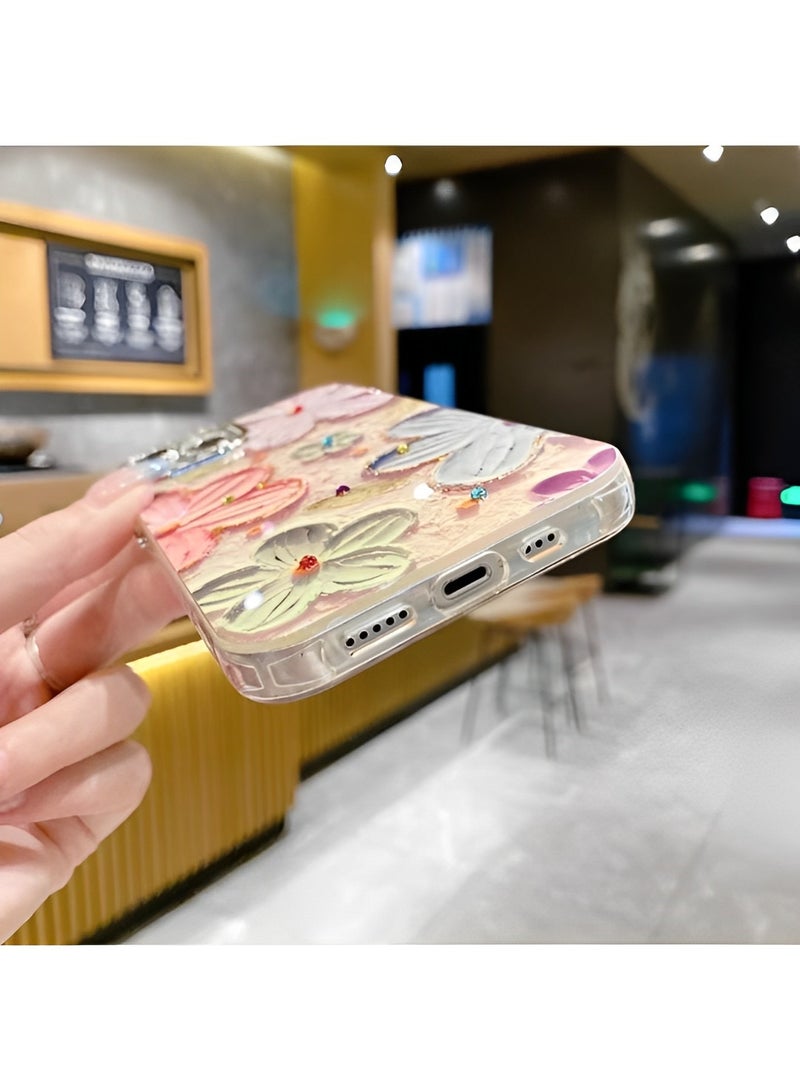 Phone Case for iPhone 13 14 Colorful Retro Oil Painting Printed Flower Laser Beam Glossy Pattern Cute Curly Waves Border Exquisite Phone Cover Stylish Durable Protective Case for Girls