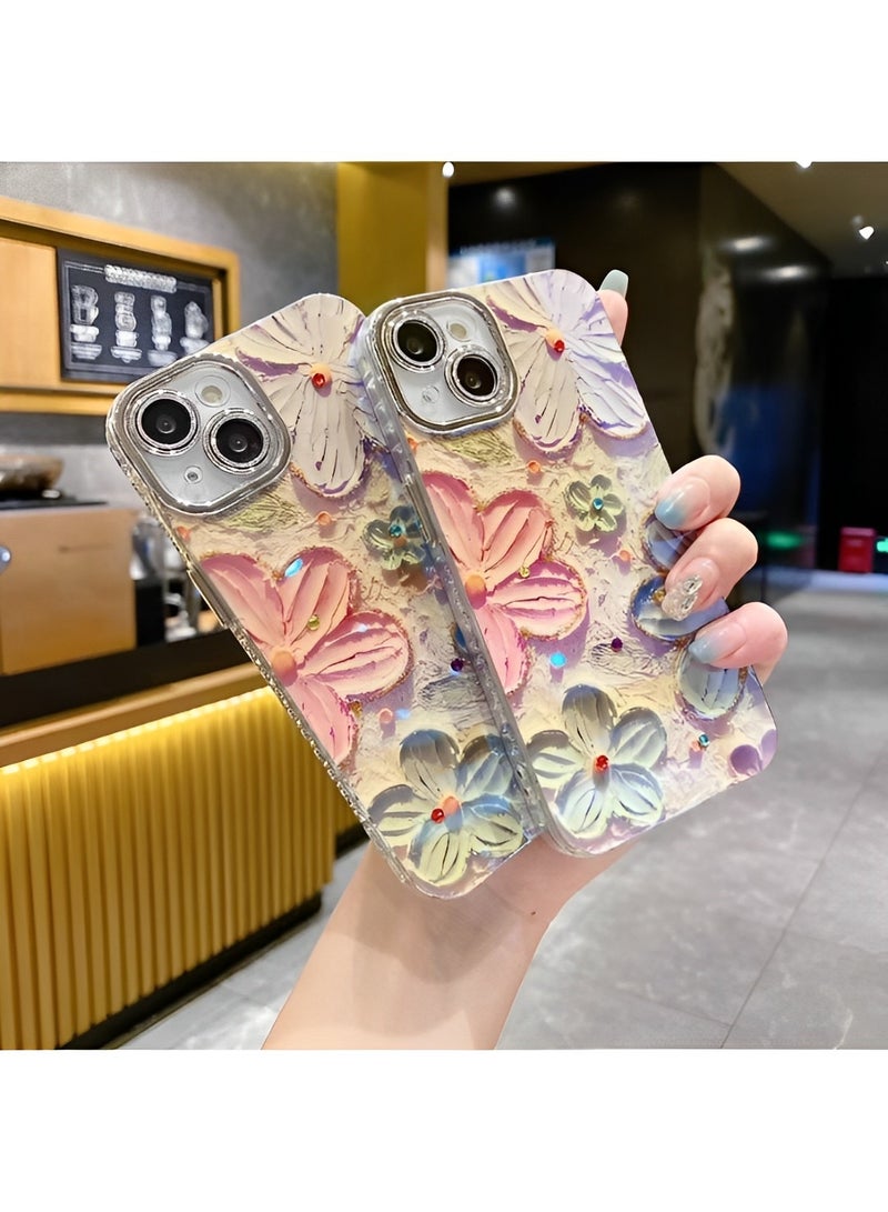 Phone Case for iPhone 13 14 Colorful Retro Oil Painting Printed Flower Laser Beam Glossy Pattern Cute Curly Waves Border Exquisite Phone Cover Stylish Durable Protective Case for Girls