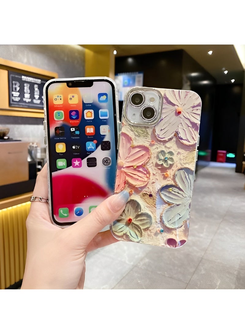 Phone Case for iPhone 13 14 Colorful Retro Oil Painting Printed Flower Laser Beam Glossy Pattern Cute Curly Waves Border Exquisite Phone Cover Stylish Durable Protective Case for Girls