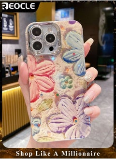 REOCLE Phone Case for iPhone 13 14 Colorful Retro Oil Painting Printed Flower Laser Beam Glossy Pattern Cute Curly Waves Border Exquisite Phone Cover Stylish Durable Protective Case for Girls  - Image 1