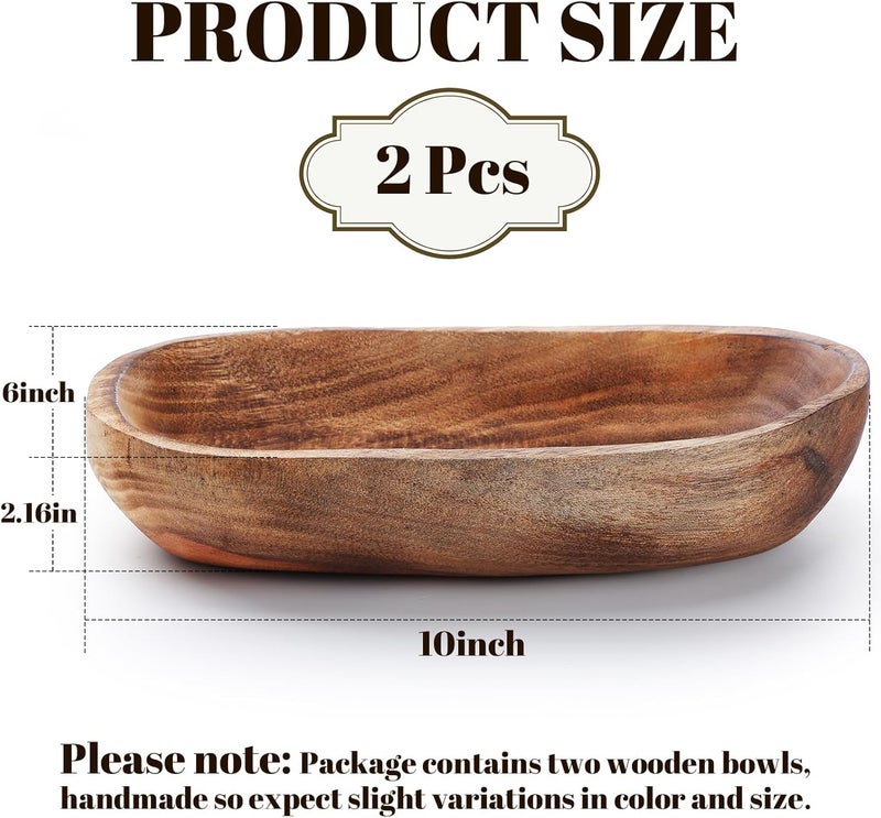 Unittype 2 Pcs Wooden Dough Bowls for Decor Oblong Decorative Bowl Home Decor Fruit Vessel for Kitchen Counter Rustic Carved Serving Container Long Wooden Bread Tray for Dining Room Table10 x 6 x 2 Inch  - Image 2