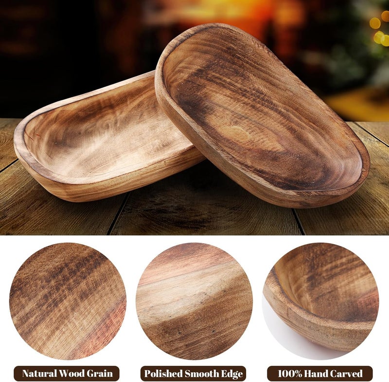 Unittype 2 Pcs Wooden Dough Bowls for Decor Oblong Decorative Bowl Home Decor Fruit Vessel for Kitchen Counter Rustic Carved Serving Container Long Wooden Bread Tray for Dining Room Table10 x 6 x 2 Inch  - Image 4