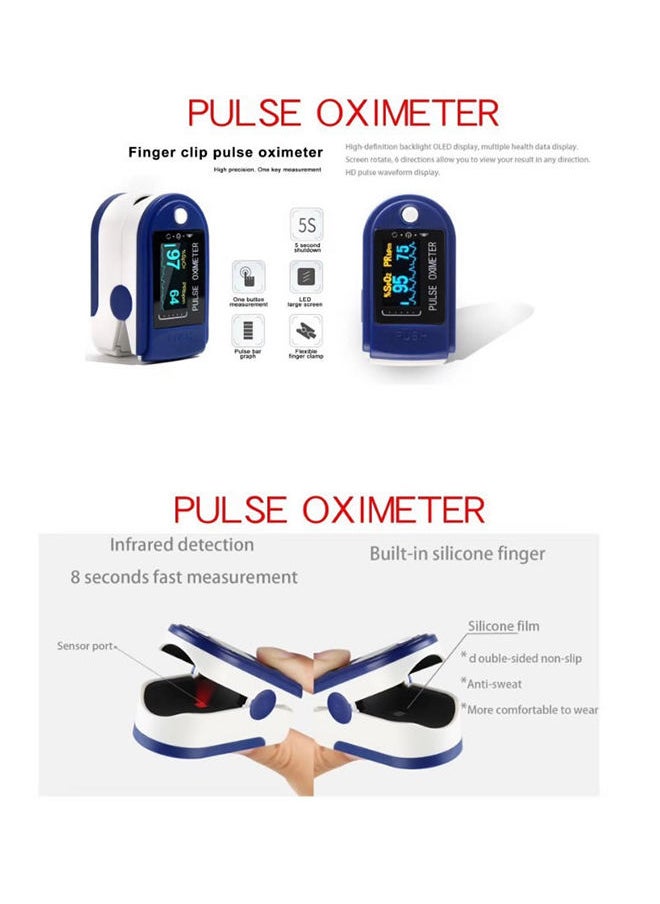 Digital Fingertip Pulse Oximeter Blood Oxygen Sensor Saturation Mini SpO2 Monitor Pulse Rate Measurement Meter for Home Sports Travel Blue